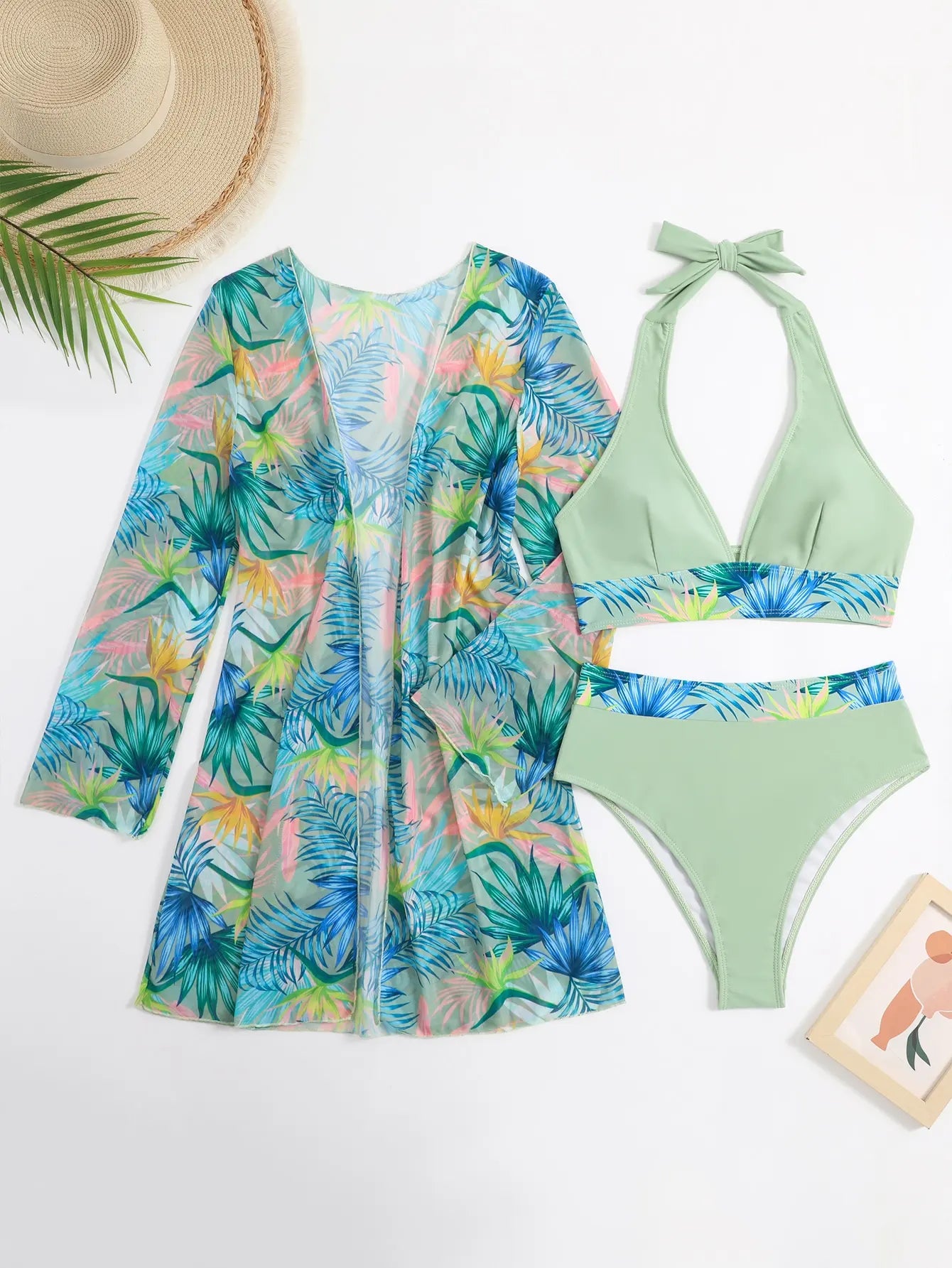 3PCS Halter Print Bikini Set with Kimono - High Waist Womens Swimsuit Beachwear - ZOOMNSTORE