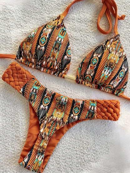 Halter Mini Bikini - Two-Piece Swimsuit With High Cut, Printed Bikini Set For Women - ZOOMNSTORE