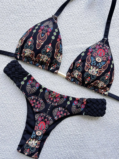 Halter Mini Bikini - Two-Piece Swimsuit With High Cut, Printed Bikini Set For Women - ZOOMNSTORE