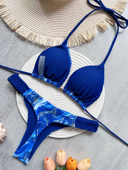 Halter Mini Bikini - Two-Piece Swimsuit With High Cut, Printed Bikini Set For Women - ZOOMNSTORE