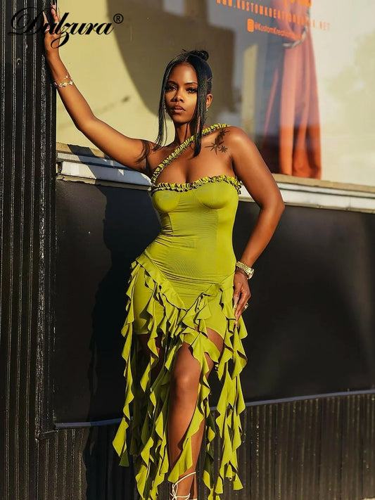 Halter Mini Dress - Womens Ruffled Patchwork Party Outfit - ZOOMNSTORE