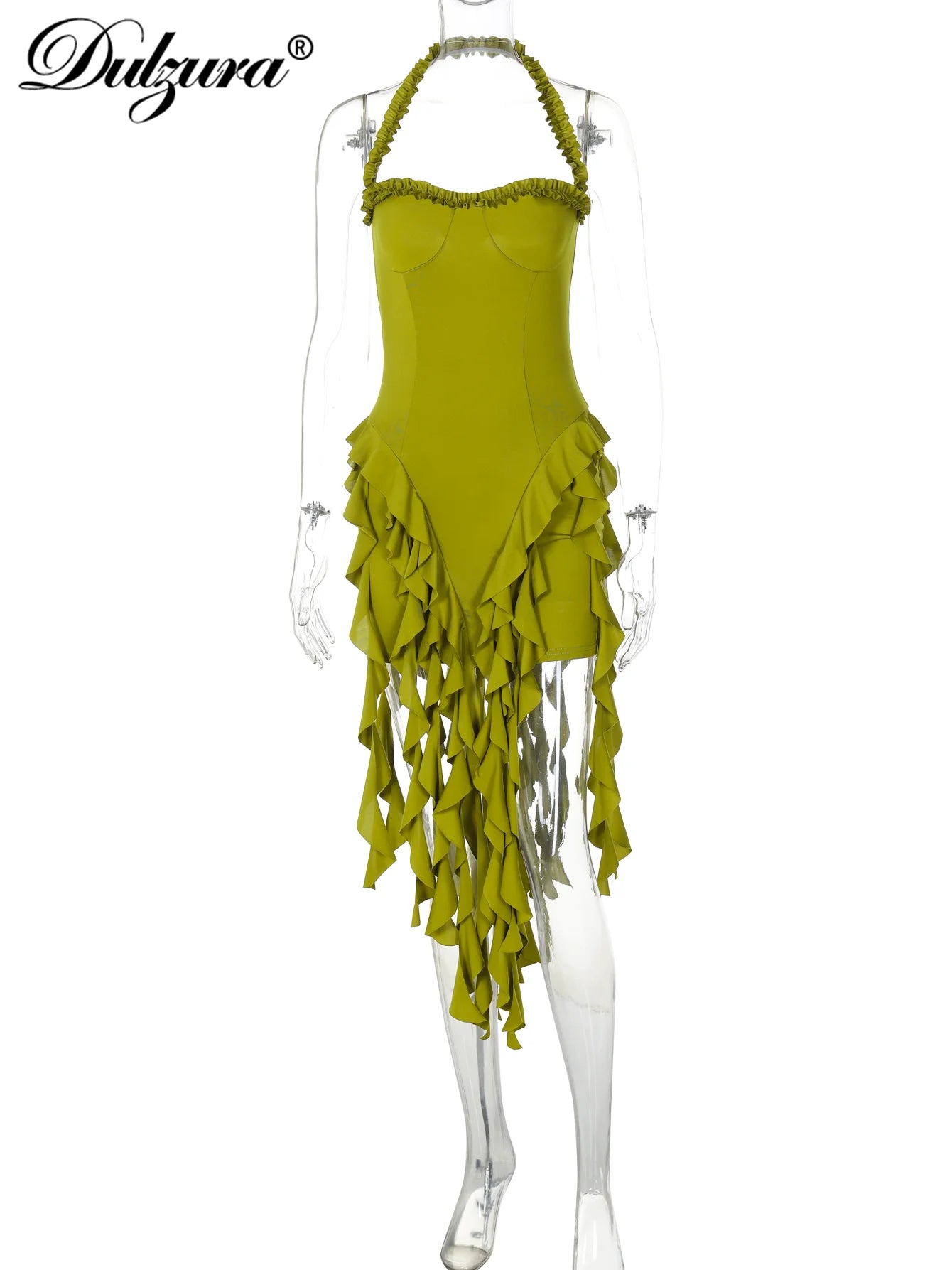 Halter Mini Dress - Womens Ruffled Patchwork Party Outfit - ZOOMNSTORE