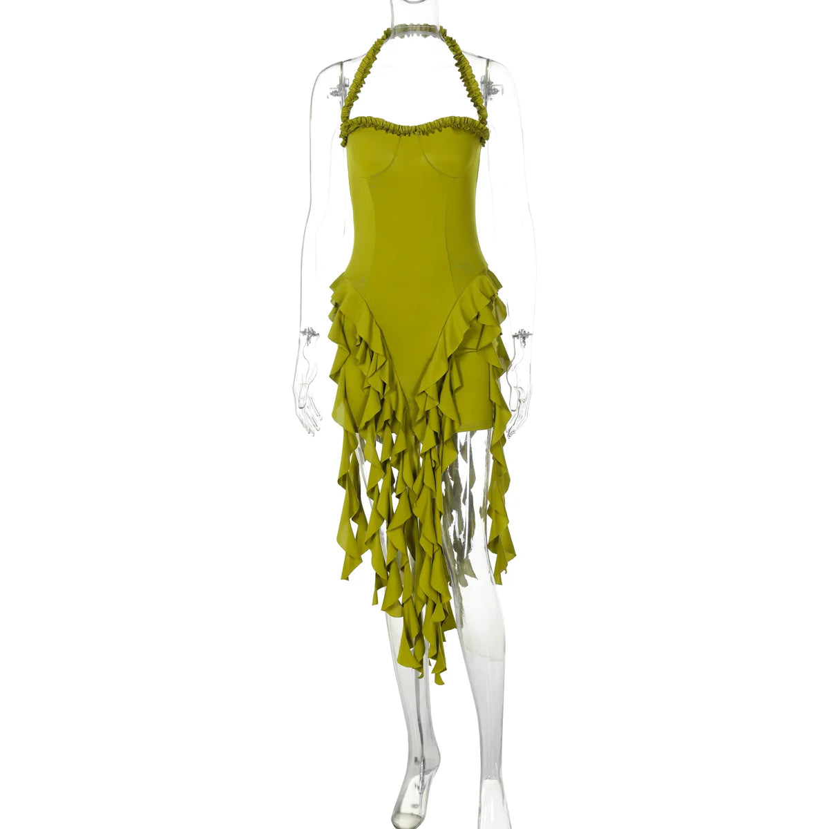 Halter Mini Dress - Womens Ruffled Patchwork Party Outfit - ZOOMNSTORE