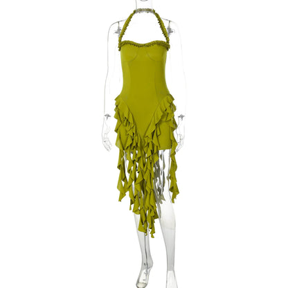 Halter Mini Dress - Womens Ruffled Patchwork Party Outfit - ZOOMNSTORE