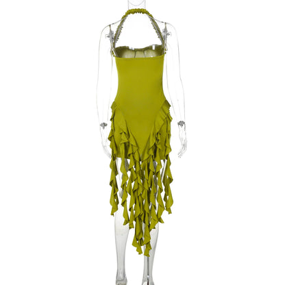 Halter Mini Dress - Womens Ruffled Patchwork Party Outfit - ZOOMNSTORE