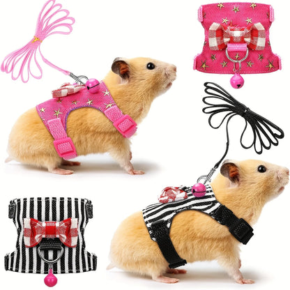 Hamster Harness and Leash Set - Comfortable Padded Vest for Small Pets with Bow Bells - ZOOMNSTORE