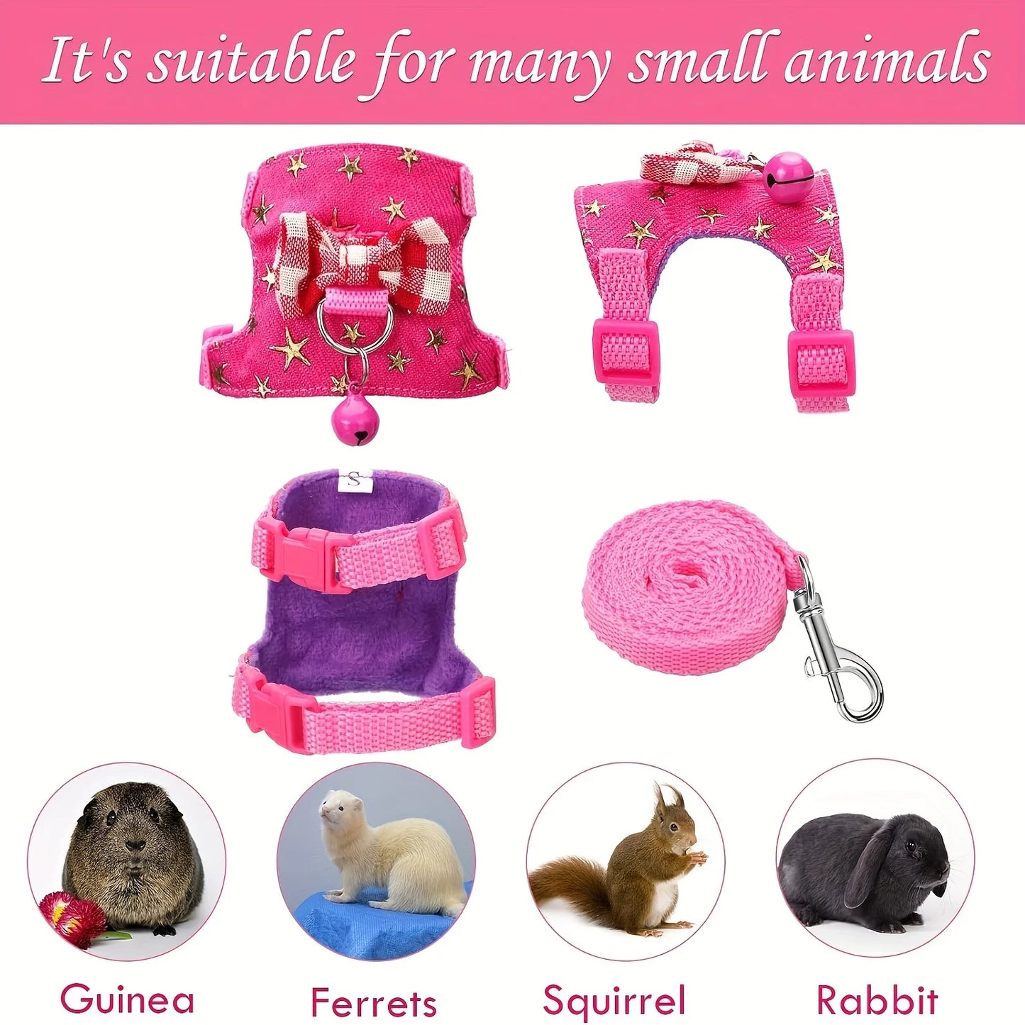 Hamster Harness and Leash Set - Comfortable Padded Vest for Small Pets with Bow Bells - ZOOMNSTORE