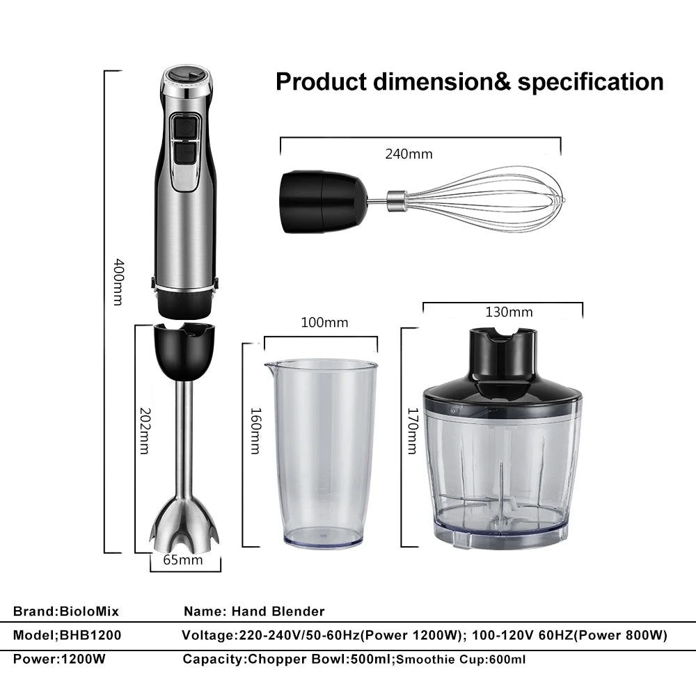 High Power 1200W Immersion Blender with Chopper  Smoothie Cup - Stainless Steel Blades - ZOOMNSTORE