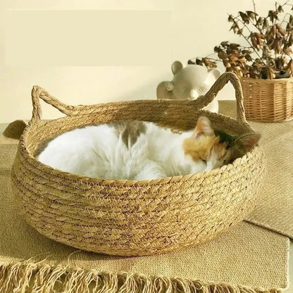 Hand-Woven Cat Nest – Four Seasons Rattan Cat Bed With Removable Cotton Cushion - ZOOMNSTORE