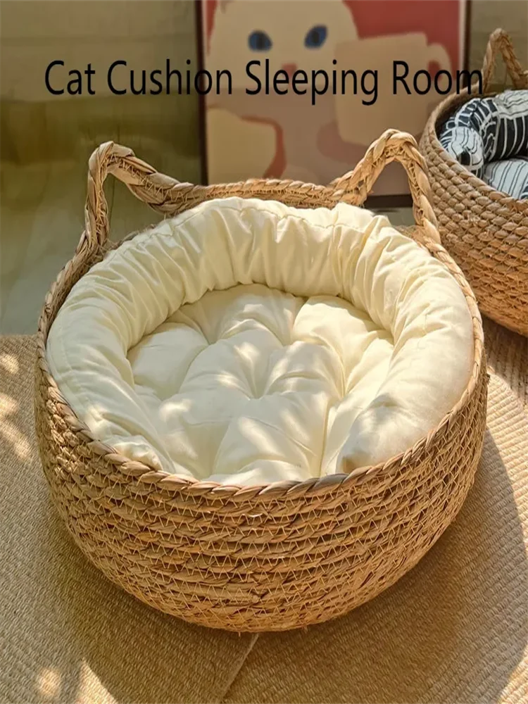 Hand-Woven Cat Nest – Four Seasons Rattan Cat Bed With Removable Cotton Cushion - ZOOMNSTORE