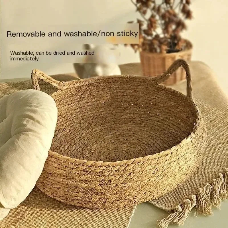 Hand-Woven Cat Nest – Four Seasons Rattan Cat Bed With Removable Cotton Cushion - ZOOMNSTORE