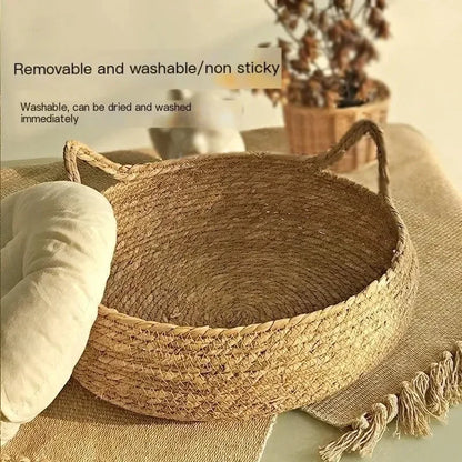 Hand-Woven Cat Nest – Four Seasons Rattan Cat Bed With Removable Cotton Cushion - ZOOMNSTORE