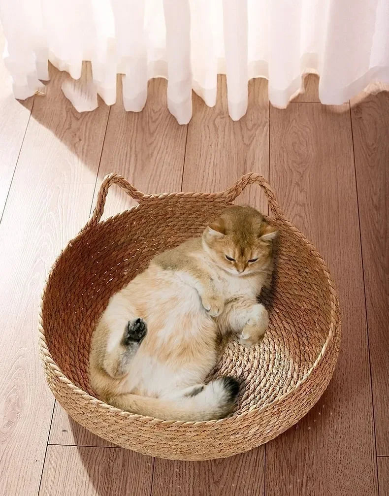 Hand-Woven Cat Nest – Four Seasons Rattan Cat Bed With Removable Cotton Cushion - ZOOMNSTORE