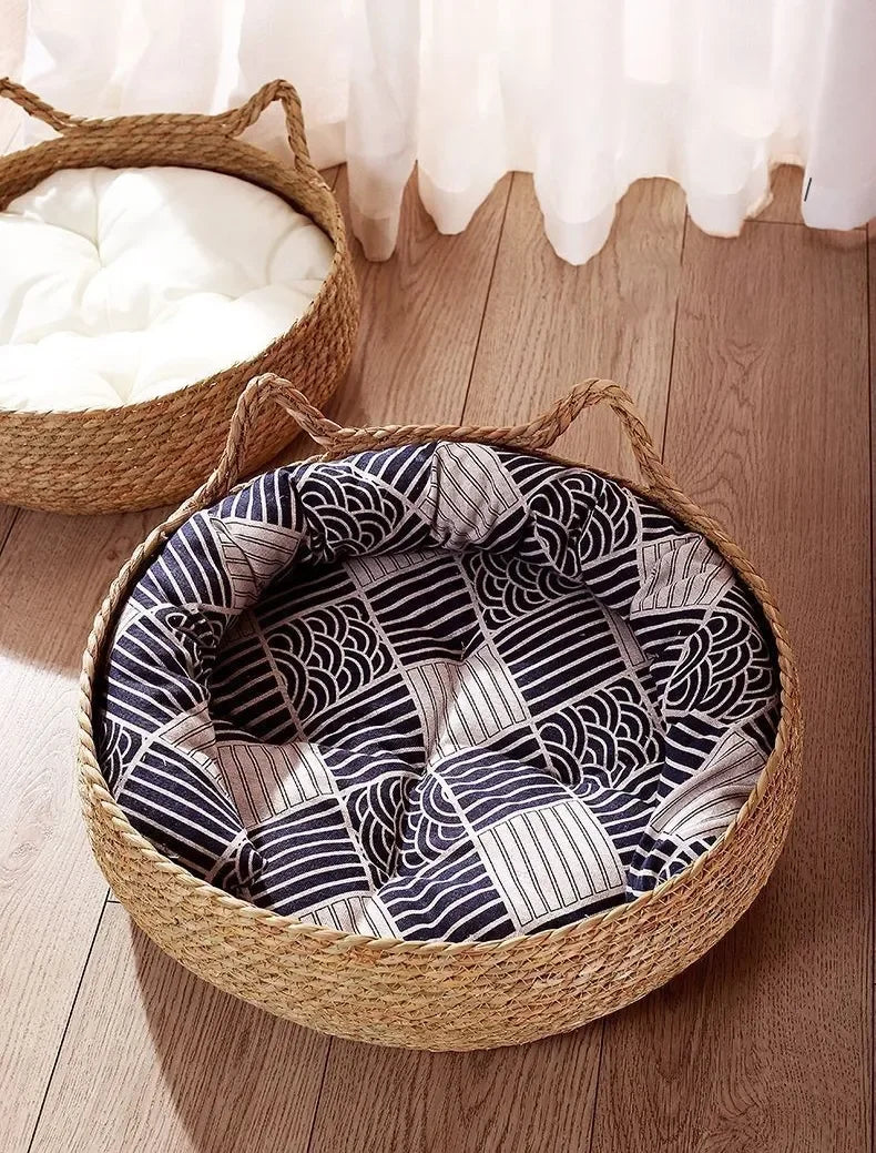 Hand-Woven Cat Nest – Four Seasons Rattan Cat Bed With Removable Cotton Cushion - ZOOMNSTORE