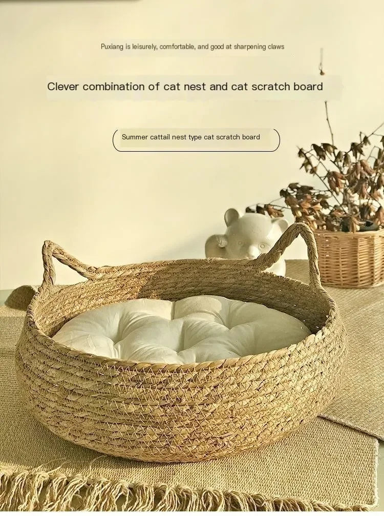 Hand-Woven Cat Nest – Four Seasons Rattan Cat Bed With Removable Cotton Cushion - ZOOMNSTORE