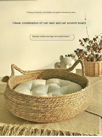 Hand-Woven Cat Nest – Four Seasons Rattan Cat Bed With Removable Cotton Cushion - ZOOMNSTORE
