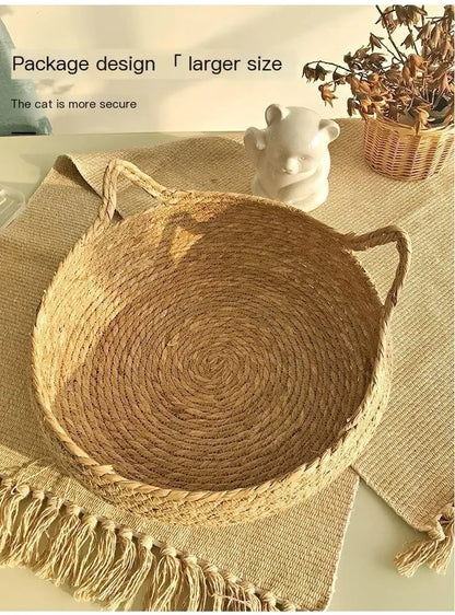 Hand-Woven Cat Nest – Four Seasons Rattan Cat Bed With Removable Cotton Cushion - ZOOMNSTORE