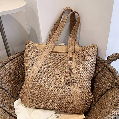 Hand-Woven Summer Tote Bag - Fashionable Large Capacity Handmade Handbag with Tassel Pendant - ZOOMNSTORE