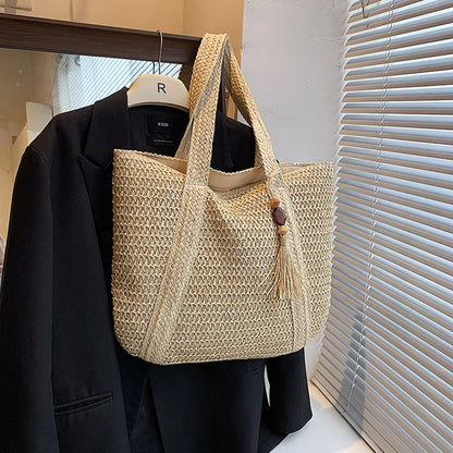 Hand-Woven Summer Tote Bag - Fashionable Large Capacity Handmade Handbag with Tassel Pendant - ZOOMNSTORE