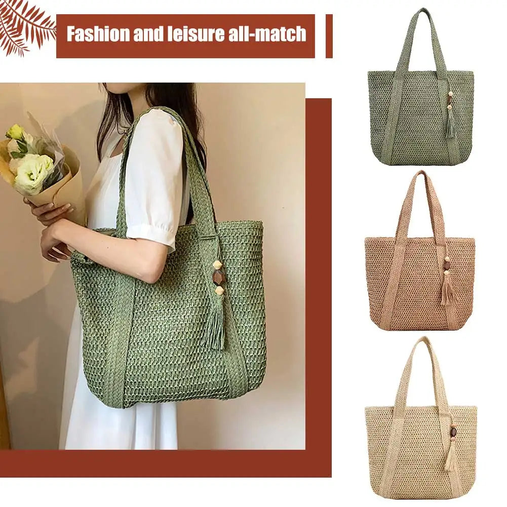 Hand-Woven Summer Tote Bag - Fashionable Large Capacity Handmade Handbag with Tassel Pendant - ZOOMNSTORE
