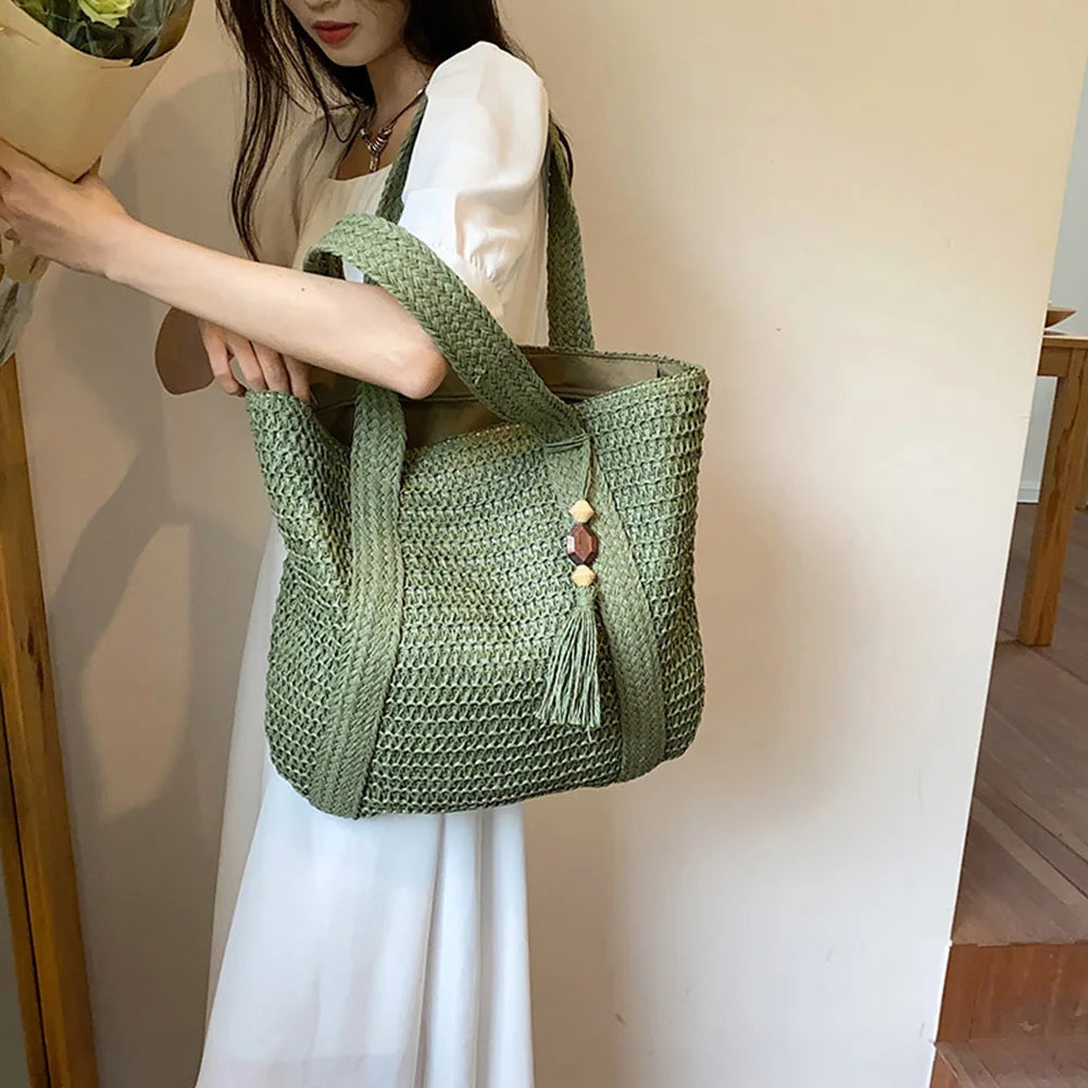 Hand-Woven Summer Tote Bag - Fashionable Large Capacity Handmade Handbag with Tassel Pendant - ZOOMNSTORE