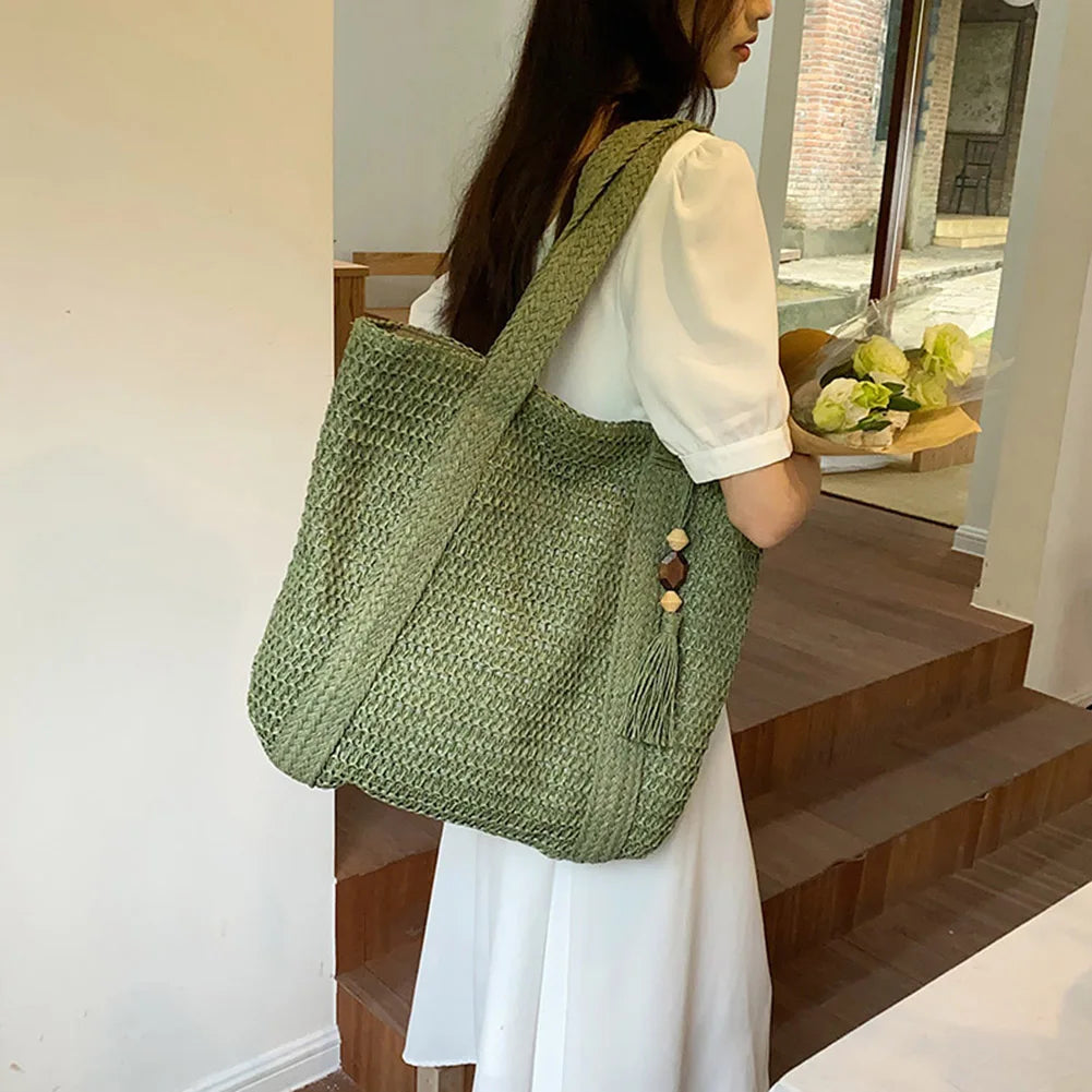 Hand-Woven Summer Tote Bag - Fashionable Large Capacity Handmade Handbag with Tassel Pendant - ZOOMNSTORE