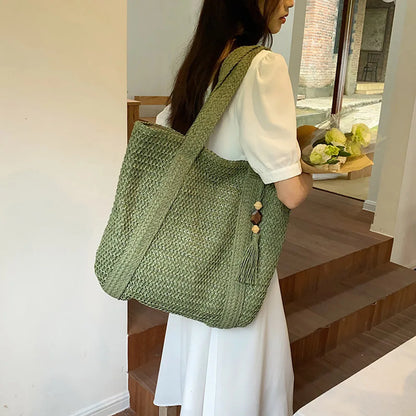 Hand-Woven Summer Tote Bag - Fashionable Large Capacity Handmade Handbag with Tassel Pendant - ZOOMNSTORE