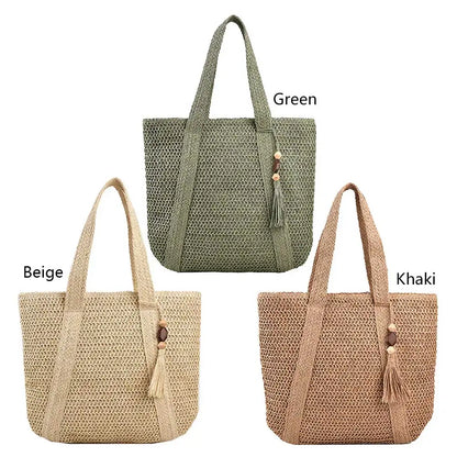 Hand-Woven Summer Tote Bag - Fashionable Large Capacity Handmade Handbag with Tassel Pendant - ZOOMNSTORE