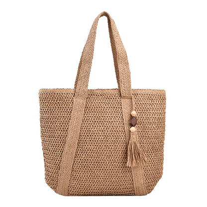 Hand-Woven Summer Tote Bag - Fashionable Large Capacity Handmade Handbag with Tassel Pendant - ZOOMNSTORE