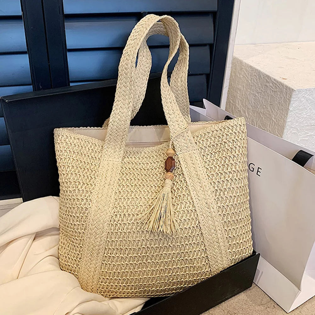 Hand-Woven Summer Tote Bag - Fashionable Large Capacity Handmade Handbag with Tassel Pendant - ZOOMNSTORE