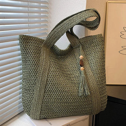 Hand-Woven Summer Tote Bag - Fashionable Large Capacity Handmade Handbag with Tassel Pendant - ZOOMNSTORE