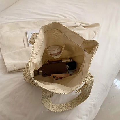 Hand-Woven Summer Tote Bag - Fashionable Large Capacity Handmade Handbag with Tassel Pendant - ZOOMNSTORE