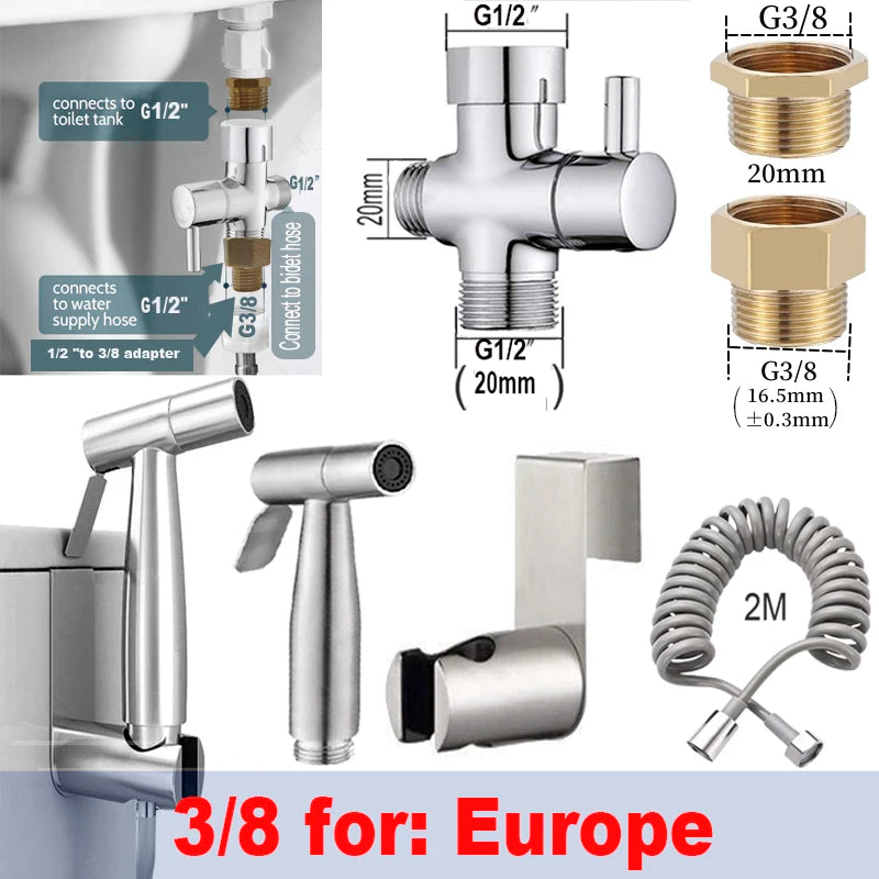 Handheld Bidet Sprayer - Stainless Steel Toilet Sprayer Kit with 3 Way Valve | Wall Mounted - ZOOMNSTORE