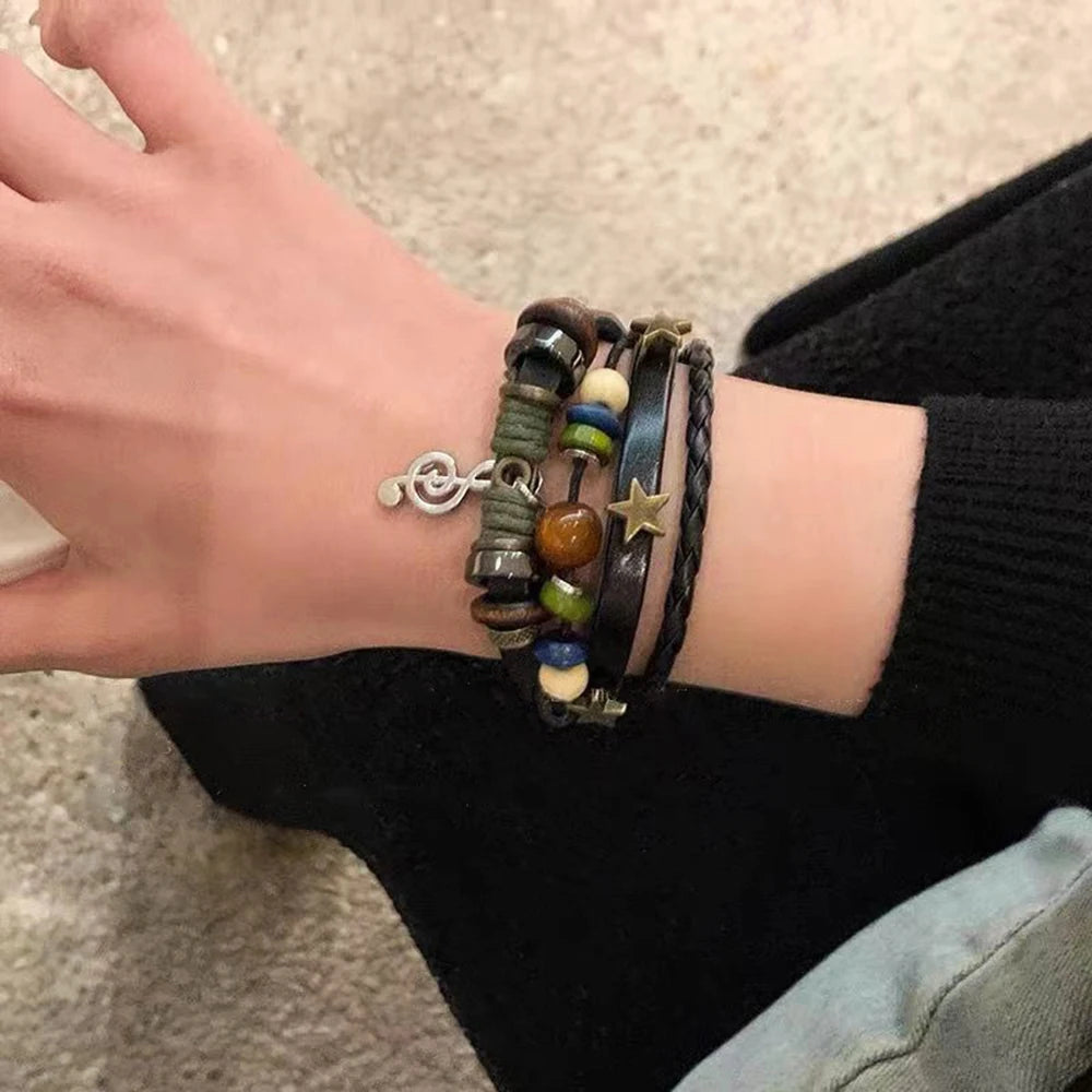 Handmade Brown Leather Wrap Bracelet - Hippie Design with Metal Star Charms and Wood Beads - ZOOMNSTORE
