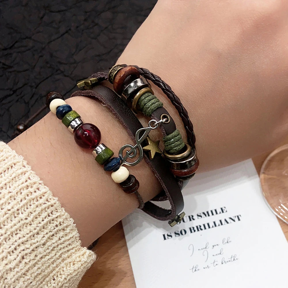 Handmade Brown Leather Wrap Bracelet - Hippie Design with Metal Star Charms and Wood Beads - ZOOMNSTORE
