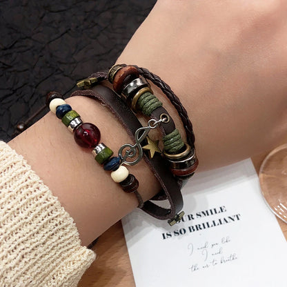 Handmade Brown Leather Wrap Bracelet - Hippie Design with Metal Star Charms and Wood Beads - ZOOMNSTORE