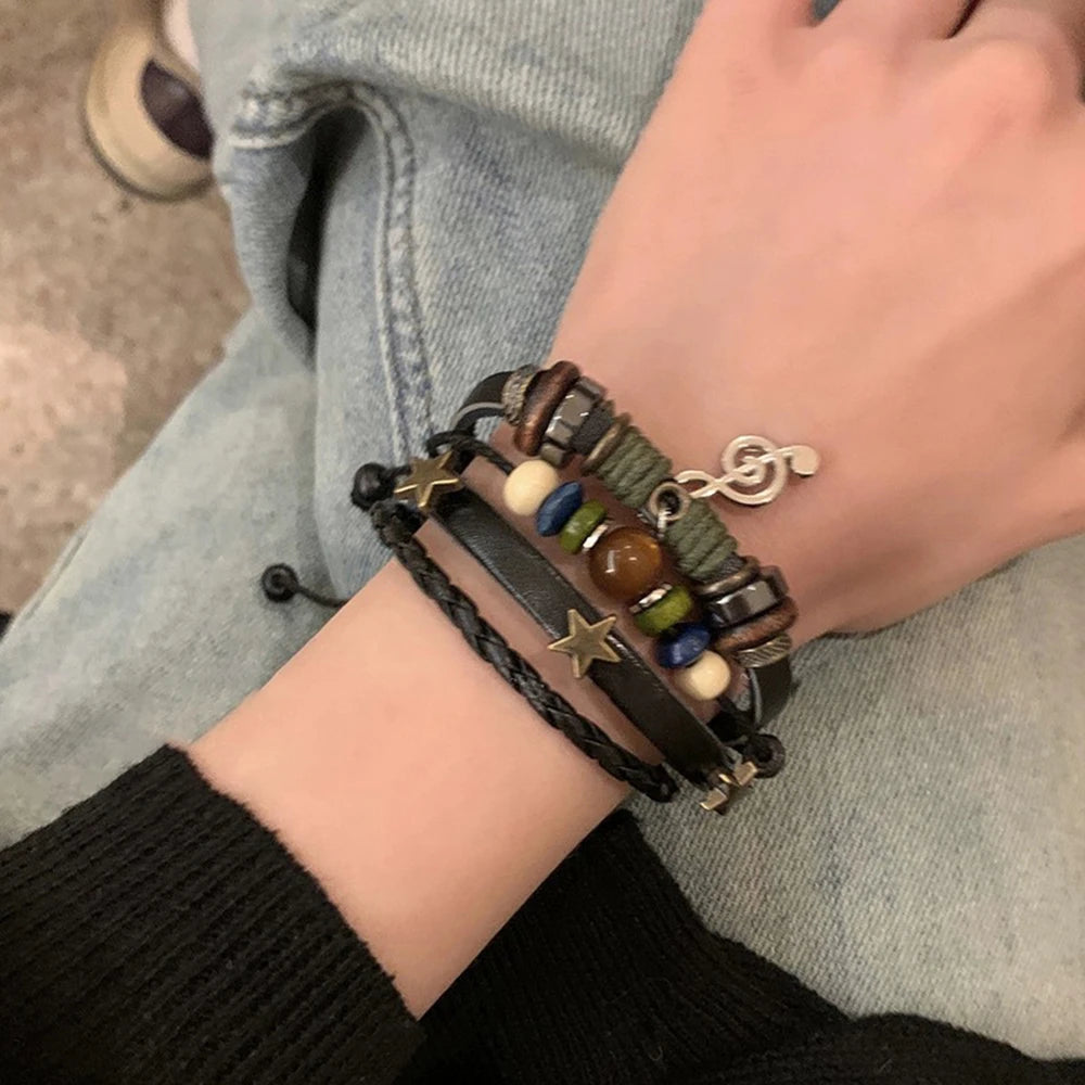 Handmade Brown Leather Wrap Bracelet - Hippie Design with Metal Star Charms and Wood Beads - ZOOMNSTORE