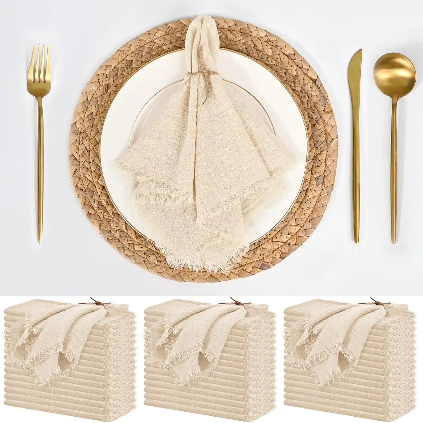 Handmade Cotton Napkins - 50 Pack 32x32cm Gauze with Fringe for Dinners Weddings Parties - ZOOMNSTORE