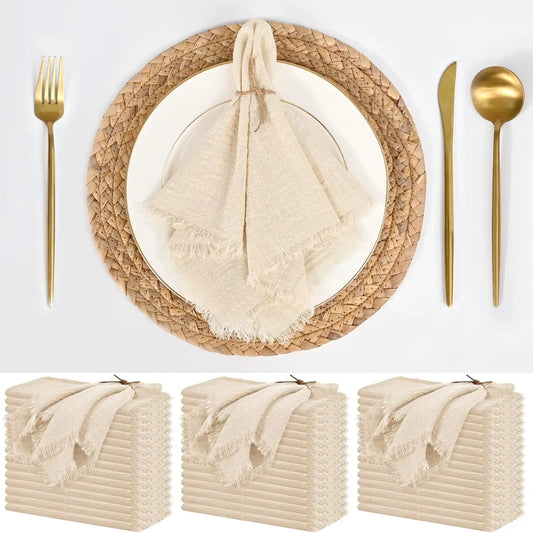 Handmade Cotton Napkins - 50 Pack 32x32cm Gauze with Fringe for Dinners Weddings Parties - ZOOMNSTORE