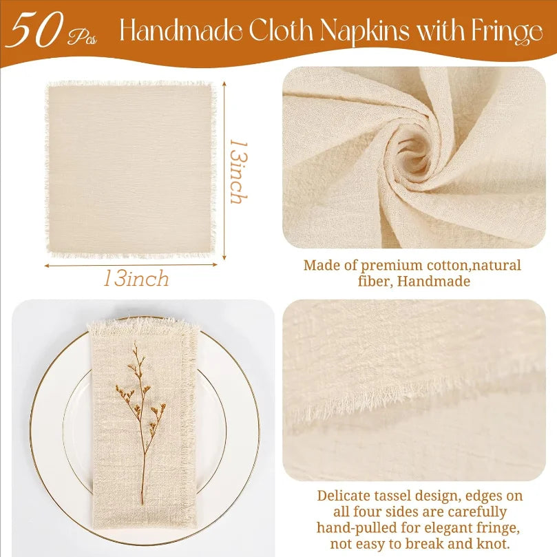 Handmade Cotton Napkins - 50 Pack 32x32cm Gauze with Fringe for Dinners Weddings Parties - ZOOMNSTORE