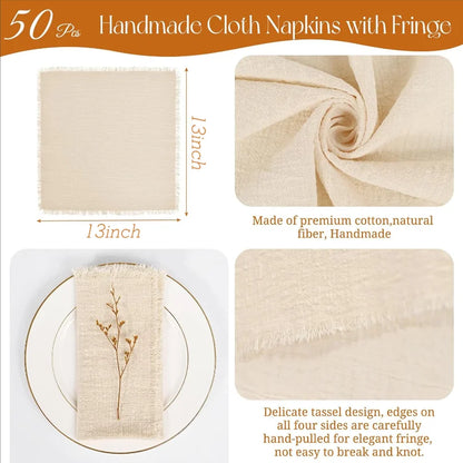 Handmade Cotton Napkins - 50 Pack 32x32cm Gauze with Fringe for Dinners Weddings Parties - ZOOMNSTORE