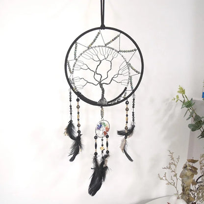 Handmade Black Feather Dreamcatcher with Tree of Life  Gemstones - Unique Home Decor - ZOOMNSTORE