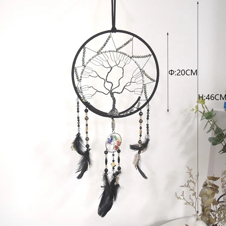 Handmade Black Feather Dreamcatcher with Tree of Life  Gemstones - Unique Home Decor - ZOOMNSTORE