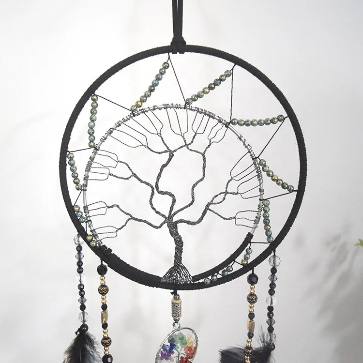 Handmade Black Feather Dreamcatcher with Tree of Life  Gemstones - Unique Home Decor - ZOOMNSTORE