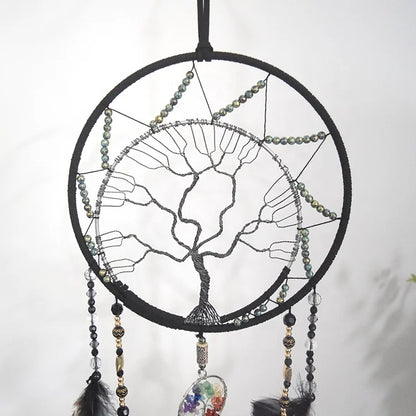 Handmade Black Feather Dreamcatcher with Tree of Life  Gemstones - Unique Home Decor - ZOOMNSTORE