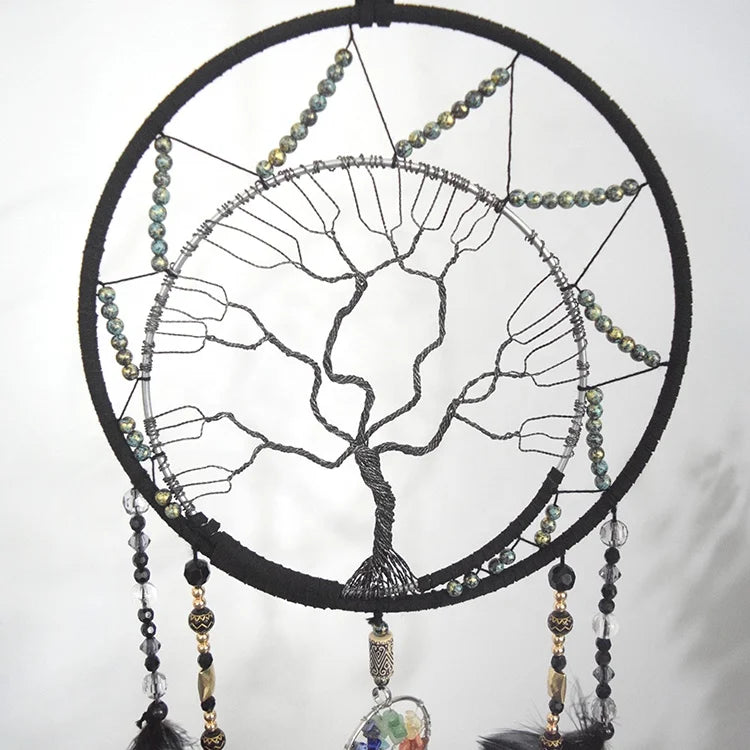 Handmade Black Feather Dreamcatcher with Tree of Life  Gemstones - Unique Home Decor - ZOOMNSTORE