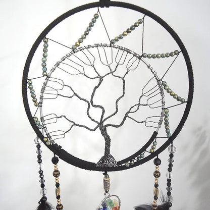 Handmade Black Feather Dreamcatcher with Tree of Life  Gemstones - Unique Home Decor - ZOOMNSTORE