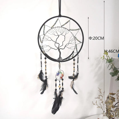 Handmade Black Feather Dreamcatcher with Tree of Life  Gemstones - Unique Home Decor - ZOOMNSTORE