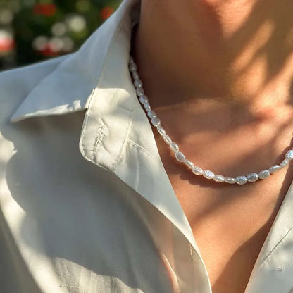 Handmade Oval Pearl Chain Bracelet Necklace Set - Unisex Fashion Jewelry - ZOOMNSTORE