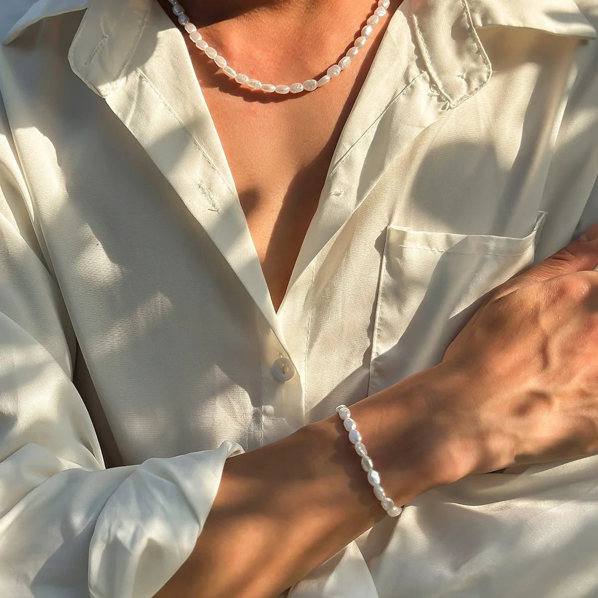 Handmade Oval Pearl Chain Bracelet Necklace Set - Unisex Fashion Jewelry - ZOOMNSTORE